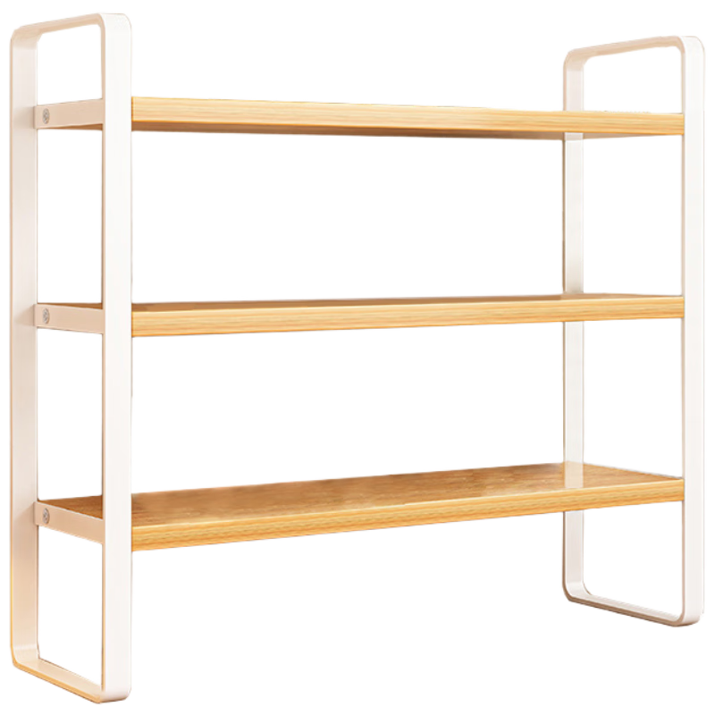 Anerya Desktop Bookshelf, Multi-Layer Iron Storage Rack for Books, Three-Tier Maple Wood Shelf, White Frame, 40cm Long