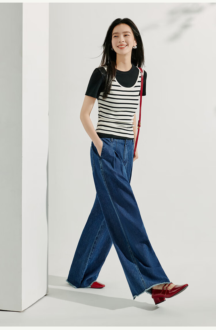 INMAN [Showroom Style] Linen Washed Frayed Wide-Leg Pants, Summer High-Waist Straight-Leg Trousers, Dark Denim Blue, Size 27 13