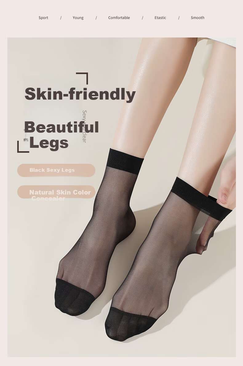 LangSha Thin Women's Stockings, Spring And Summer 10A Antibacterial Anti-Snag Transparent Invisible Crystal Silk Mid-Calf Socks, Skin Color 10 Black 10 8