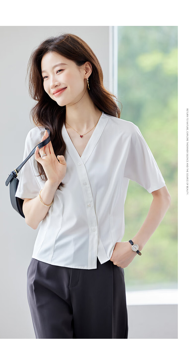 Jeanswest Women's Short Sleeve Shirt 2026 Summer French Style V-Neck Fashion High-End White Top M 7