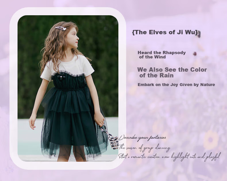Follow Me Girls' Summer Dress, T-Shirt Patchwork Tulle Skirt, Sweet Princess Dress, Children's Dress, Black, Size 165 1
