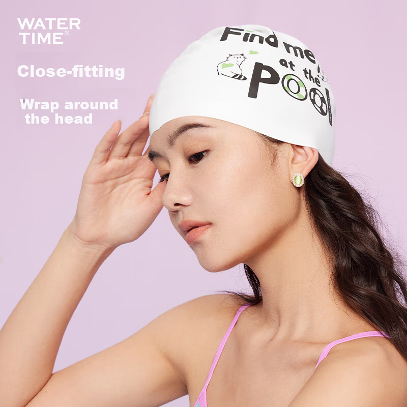 Шапочка для плавания WATERTIME Silicone Printed Swimsuit Cap, большая, для взрослых, для длинных волос, ленивый полдень / белый