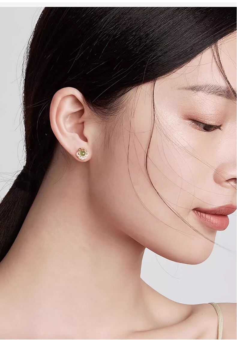 Zhou Baifu Ruyi Silver Stud Earrings for Women Hetian Jade Luxury High-End Earrings Women's Birthday New Year Gift for Girls 4