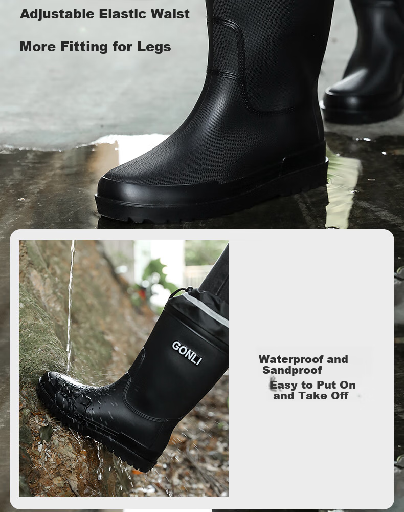FOOTOPPO Stylish Mid-Calf Waterproof Drawstring Rain Boots for Men, Thick-Soled Non-Slip Water Shoes for Delivery Riders And Men's Outdoor Use 15