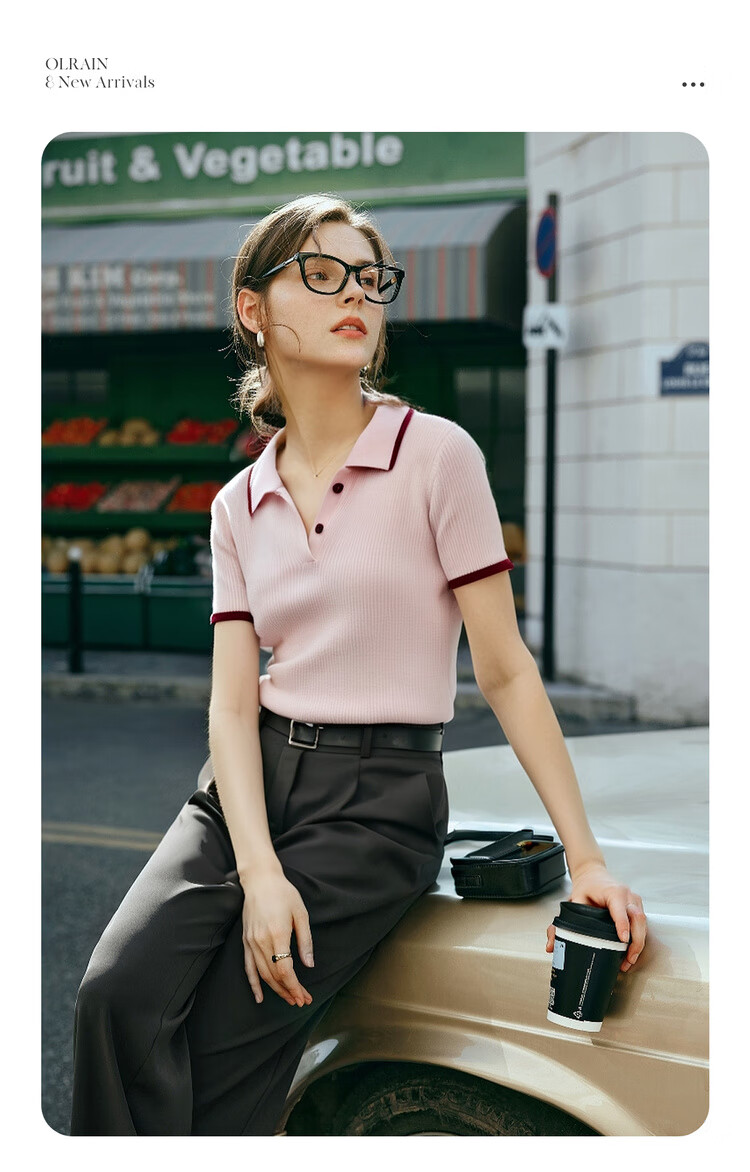 Olrain Pink Polo Collar Commuter Style Knit Pullover Women's Summer Top Pink L 5