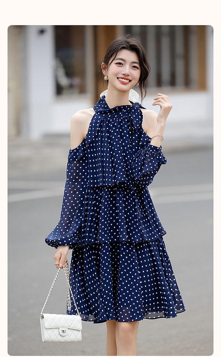 Dme [Lightweight Dots] Summer Girls' Style Vacation Tie-Waist Cake Skirt, Off-Shoulder Floral Elegant Women's Dress 2