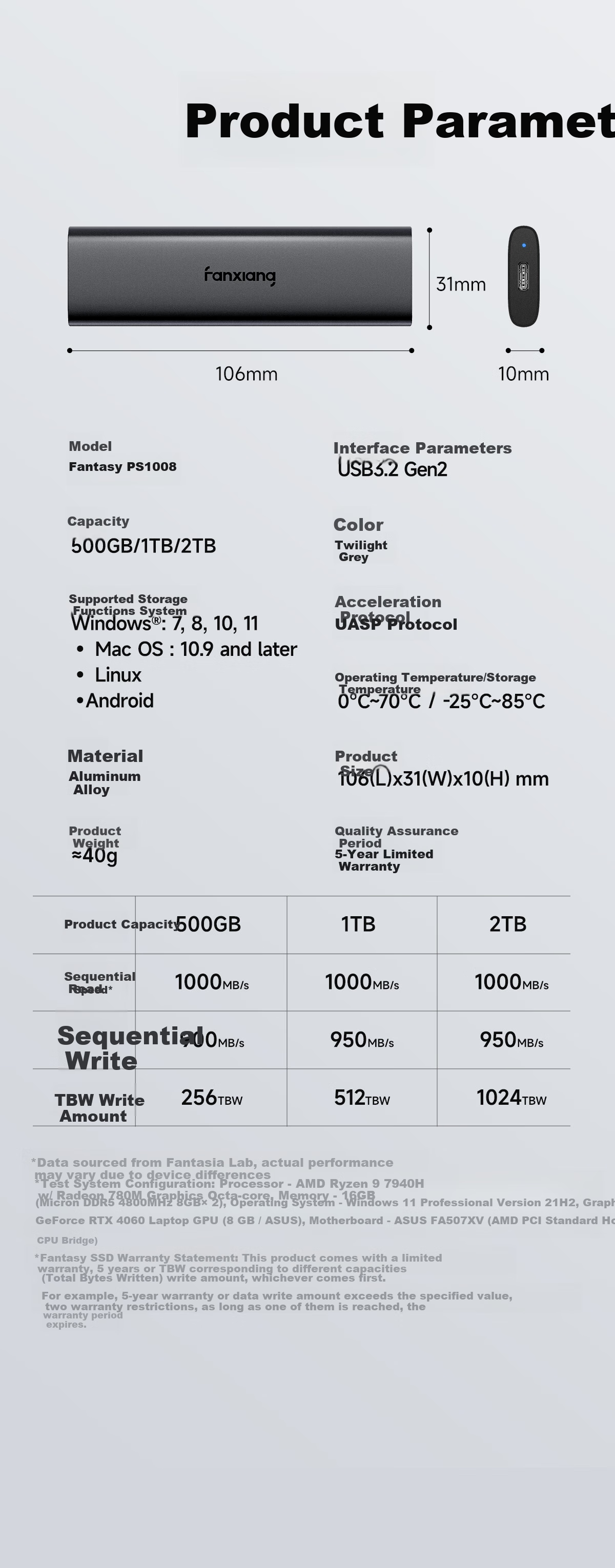 FANXIANG 2TB Portable Solid State Drive (PSSD), Type-C USB 3.2 High-Speed Reading 1000MB/s, Direct Phone Connection, Laptop External Hard Drive PS1008 11