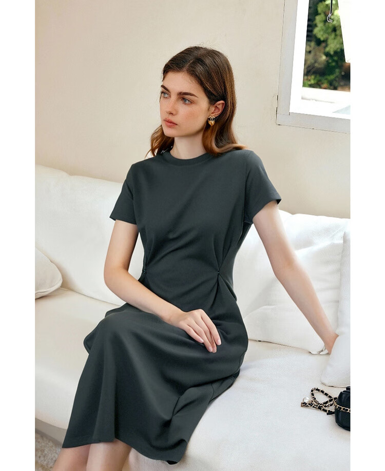 Olrain Eurielle Short Sleeve Dress Women Summer French Style Waist Slim Knitted Long Dress Dark Gray XL 22