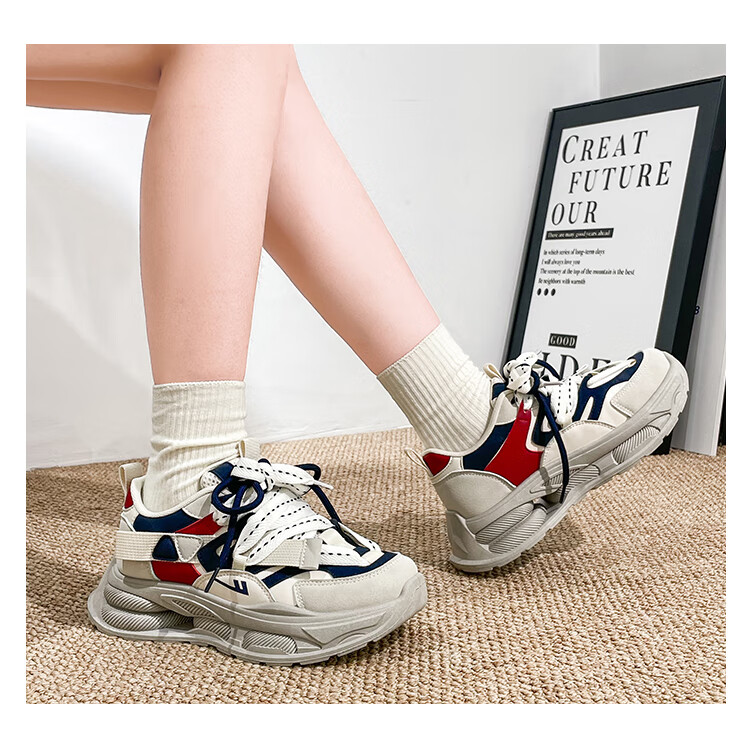 Huili Women's Thick-Soled Dad Shoes, Versatile Casual Shoes, Retro Sports Trendy Shoes, F546C, Beige/green, Size 37 11
