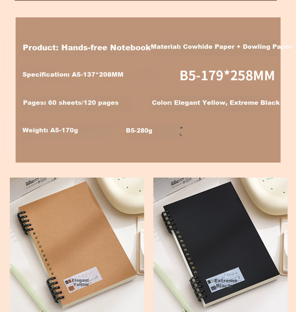 Faramon A5/60 Sheets Comfortable Loose-Leaf Notebook with Detachable Refillable Pages for Students, Spiral-Bound Notebook for Research, Thickened Journal And Error Correction Book A5/Classic Yellow + Polar Night Black 2