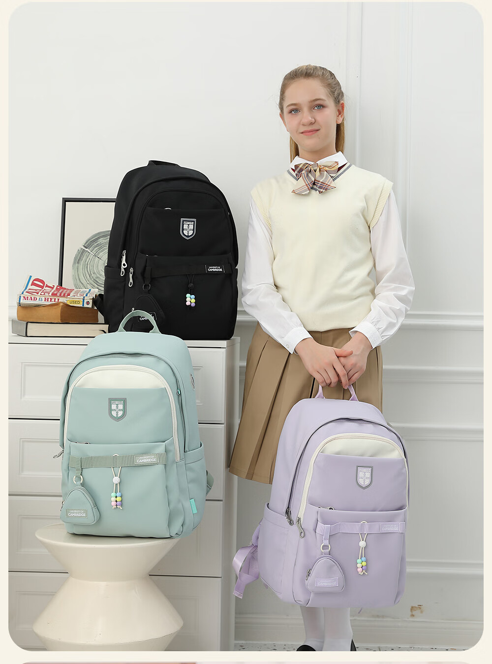 UNIVERSITY OF CAMBRIDGE Cambridge University Middle School Backpack for Girls, High School Lightweight Blue Double Shoulder Bag, Stylish Ins-Inspired Design for 2025 1
