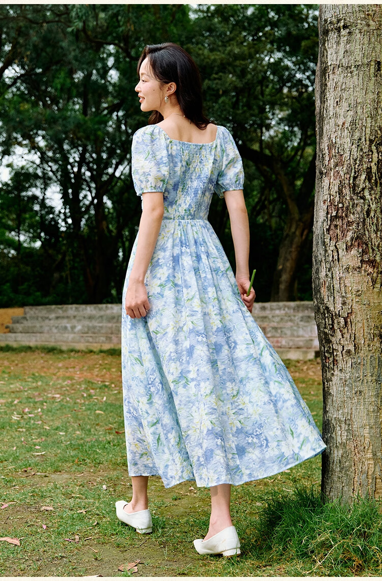 Inman Vacation Style Seaside Print Dress Summer Women's Square Neck Puff Sleeve Waist Cinched Long Dress Glaze Blue S 18