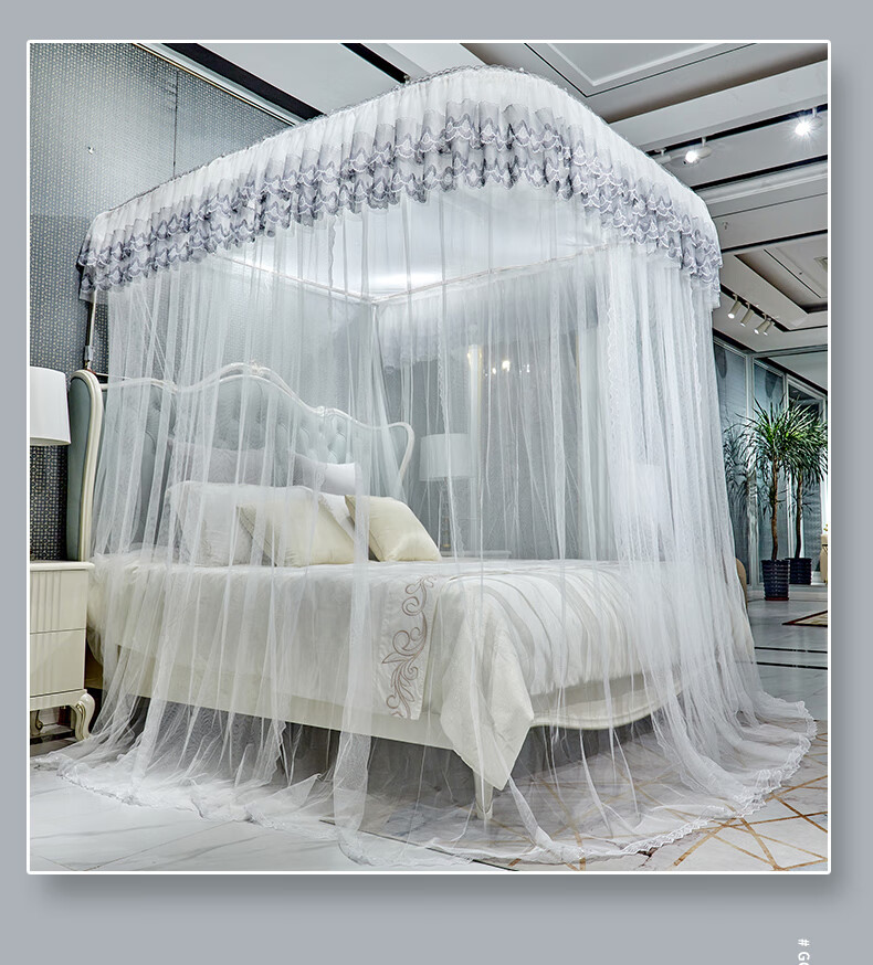 Demichel Adjustable U-Shaped Rail Mosquito Net 1.8x2.2 Meters for Home Use, Three-Door Floor-Standing Thickened Frame, Eila White 2