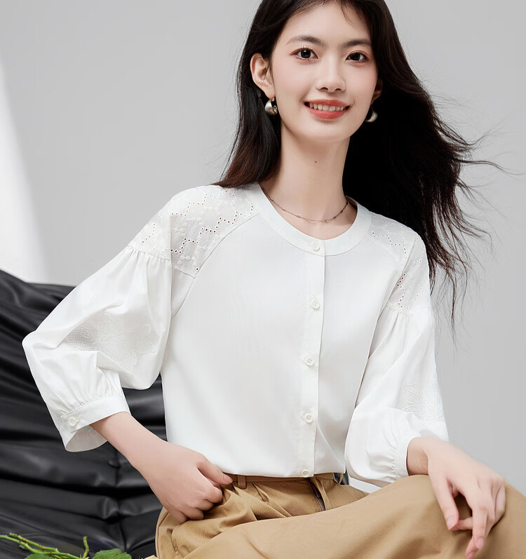 Shangdu Bira Lenzing Tencel Three-Quarter Sleeve Casual Shirt Women Autumn Lantern Sleeve Patchwork Hollow Embroidery Elegant Blouse 18