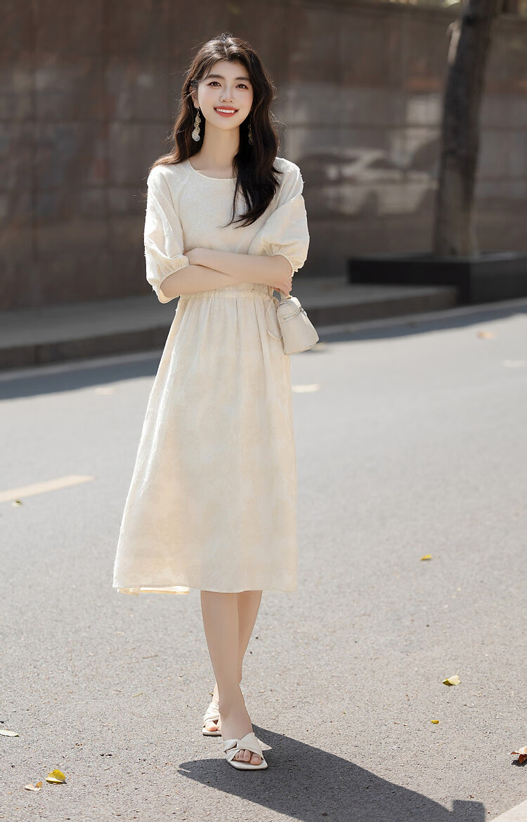 Demana Heavy Embroidered 3D Cutwork Summer French Style Lightweight Loose Mid-Length Women's Dress with Drawstring and Half Sleeves 14