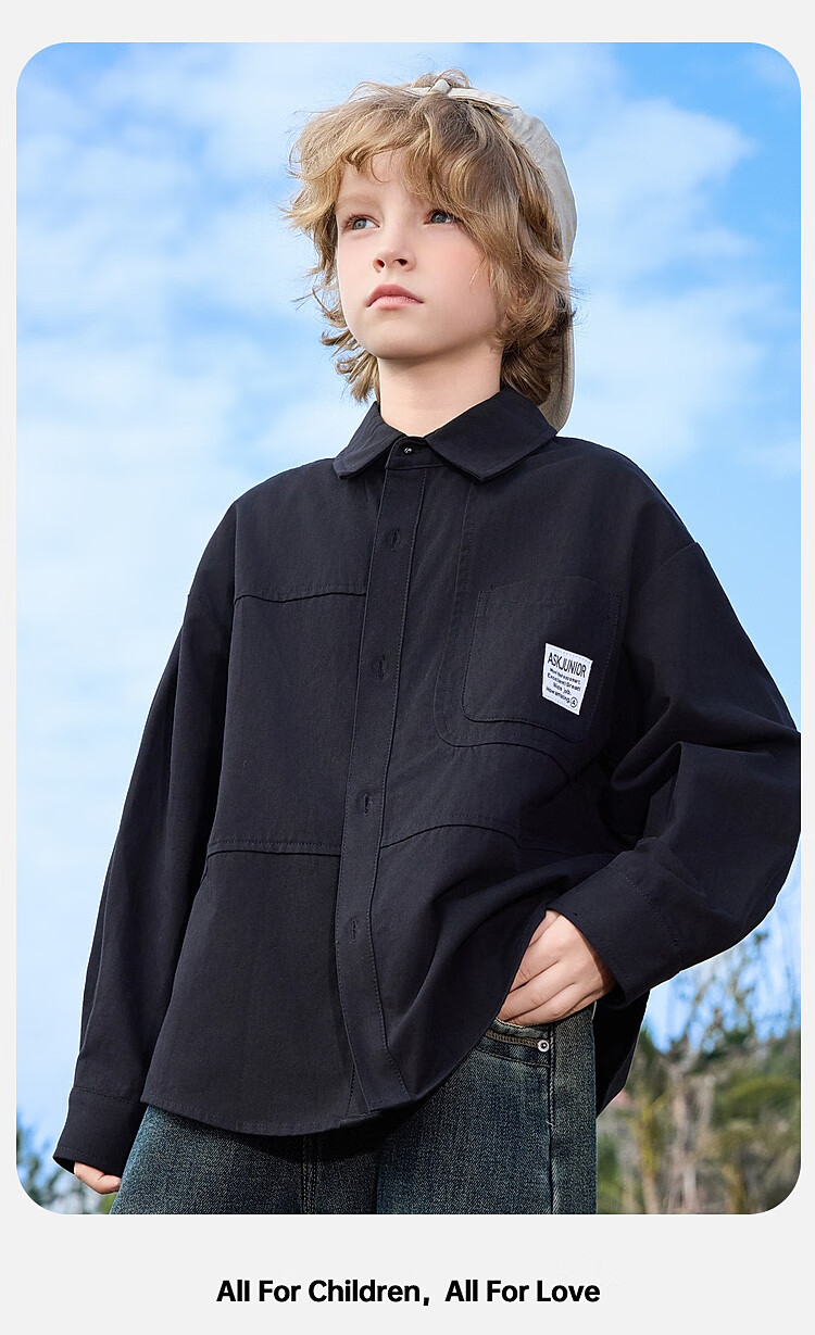 ASK JUNIOR Pure Cotton Children's Shirt 2026 Spring Lapel Long Sleeve Boys Shirt Jacket for Older Kids and Teens 12