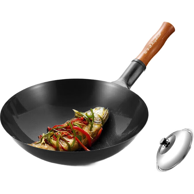 Сковорода Royalstar Zhangqiu Wok, чугунная, без покрытия, кованая, для домашнего использования, с круглым дном, 34 см с крышкой