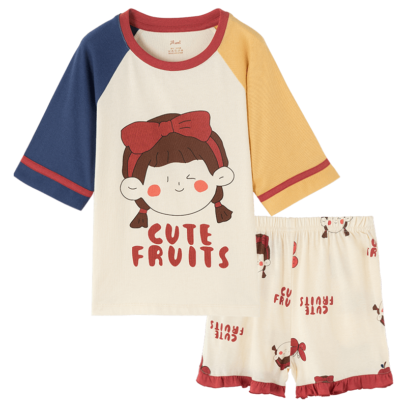 Dingguagua Children's Home Wear Set, All-Cotton Class A Girls' Short-Sleeve Pajamas, Baby Summer Outfit, Pure Cotton, Beige, Size 130