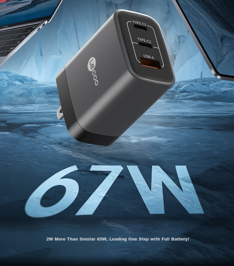 Lenovo Lai Ku 67W GaN Charger Set with Type-C Multi-Port PD Fast Charging Head Compatible with Laptops, IPhone 17, Huawei, Xiaomi 2