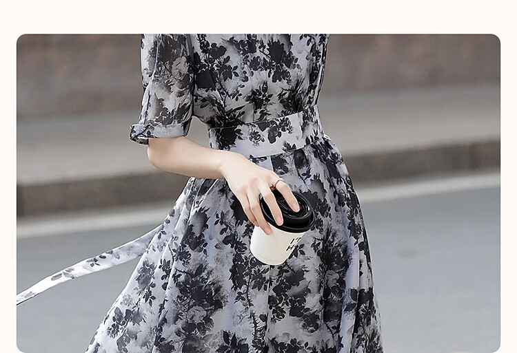 Dme [Retro Straight-Spray Ink Floral Print] Summer French Round Neck Drop-Shoulder Waist-Cinching Tie-Waist Women's Dress 4