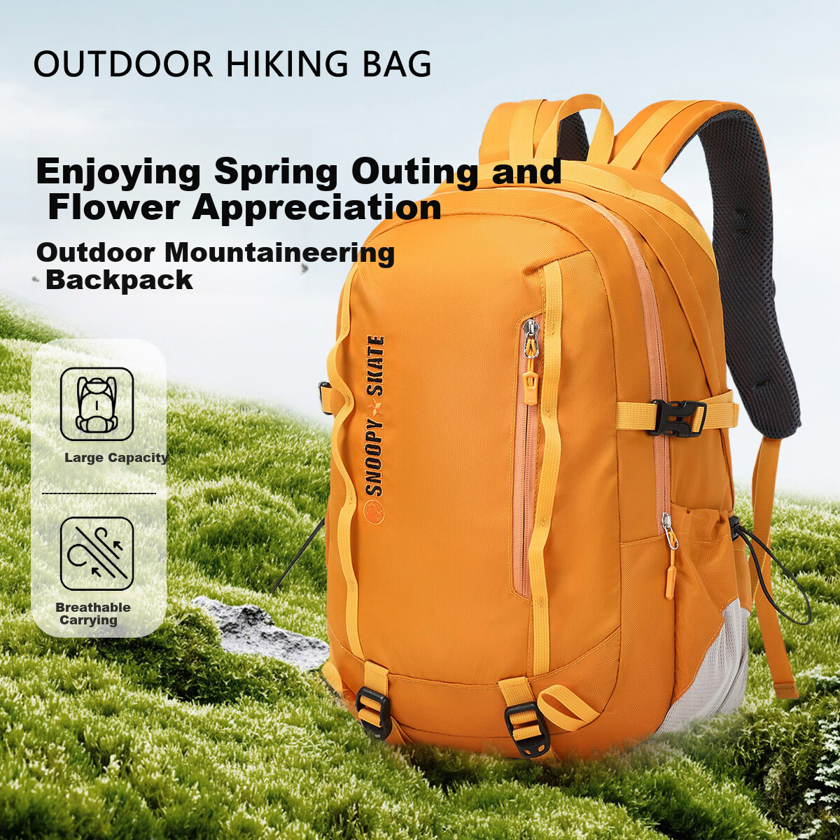 SNOOPY Outdoor Hiking Backpack for Women And Men, Lightweight Travel Backpack with Large Capacity, Orange