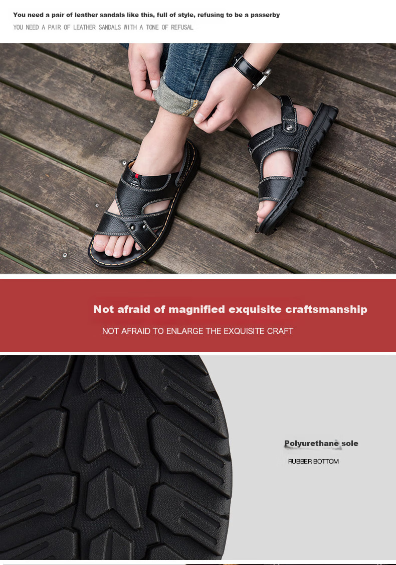 MEXICAN Top-Grain Leather Sandals for Men, Beach Shoes, Men's Slippers, Hollow-Out Casual Men's Shoes, Black, Size 43 13