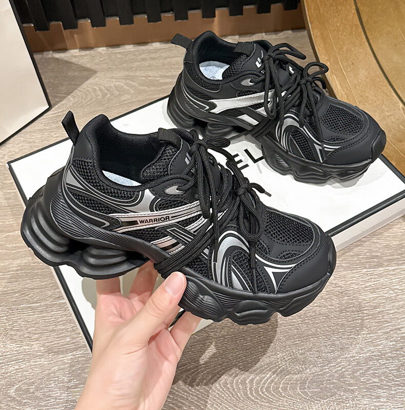 Warrior Women's Dad Sneakers 2026 Spring New Versatile Mesh Shoes Thick Sole Casual Sports Shoes Silver Black Size 35 13