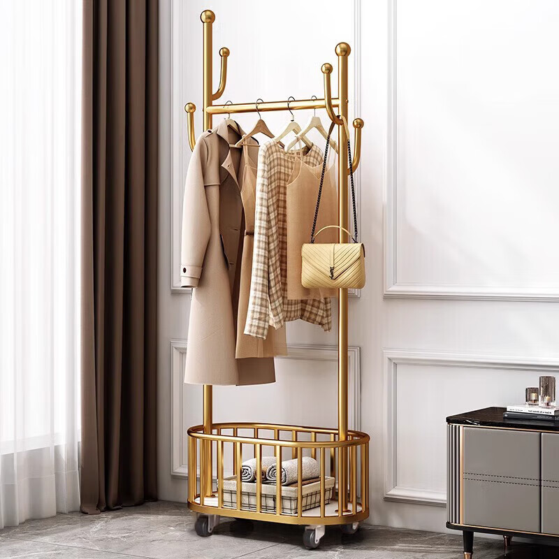 XIAOJIANGCAI Coat Rack, Bedroom Clothes Hanger, Floor-Standing Simple with Wheels, Movable Indoor Coat And Bag Hanger, Drying Rack, Storage Shelf, Light Luxury Gold, 80cm