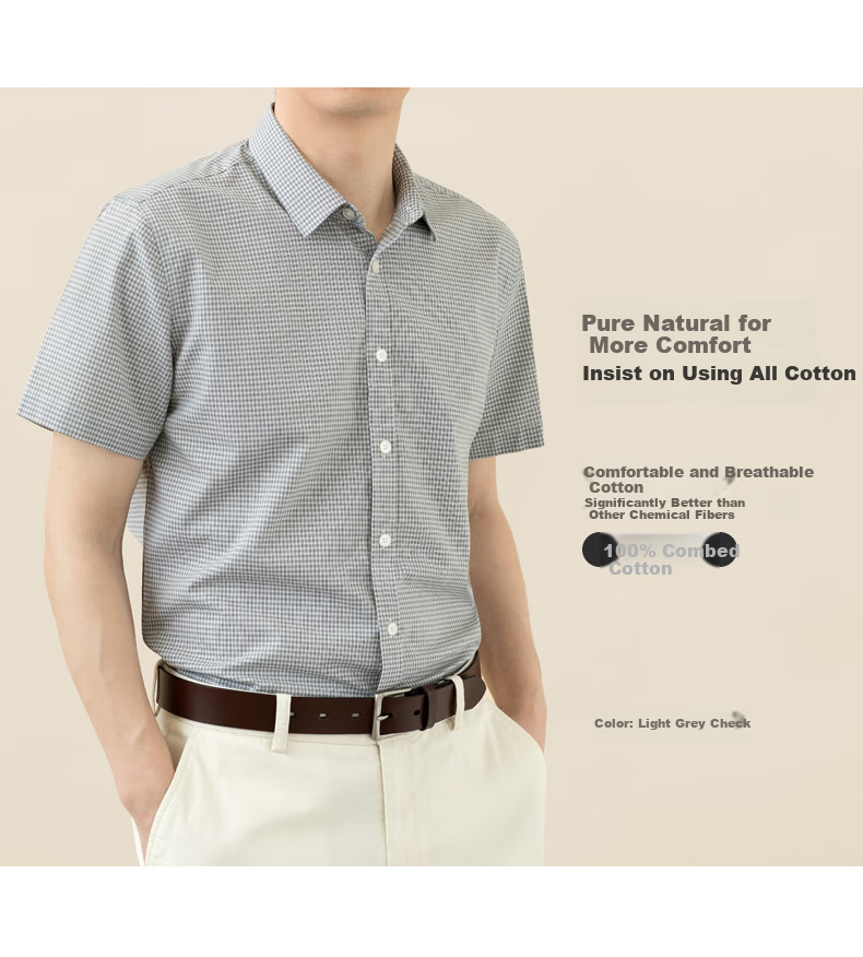 BLACKMONDAY Pure Cotton Plaid Shirt for Men, Short-Sleeved Thin Style, All-Cotton Liquid Ammonia Wrinkle-Resistant No-Iron Formal Business Casual Shirt 4