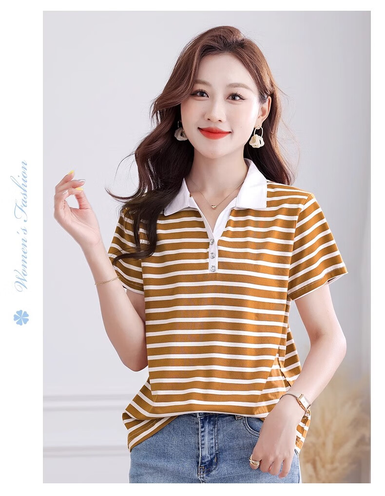 Woodpecker Pure Cotton Polo Collar Short Sleeve T-Shirt Women Summer Striped Polo Shirt Loose Plus Size Black White L 12