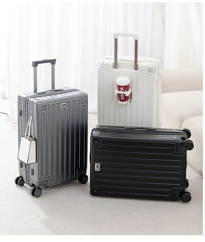 Lee High-Quality Suitcase with Cup Holder, Multifunctional Luggage, Travel Case, Student Password Lock Suitcase, Gray with Brown, 26 Inches 4