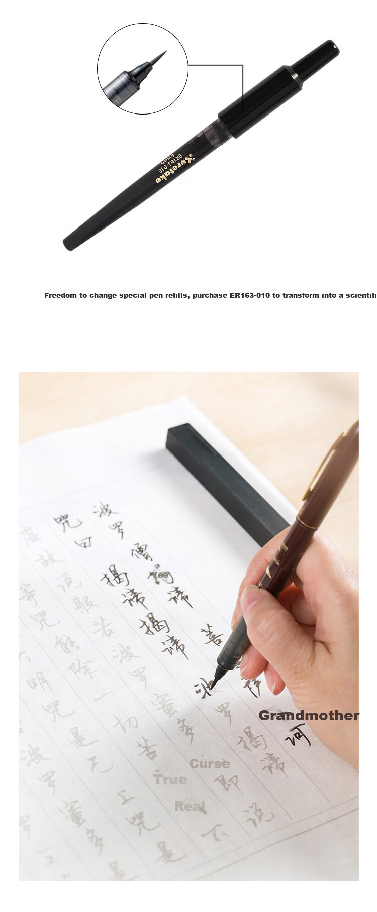 KURETAKE Japanese Imported Calligraphy Brush Pen Refill for Scientific Writing, Specialized Replacement Pen Core, Brush Refill, Black, ER163-010 3