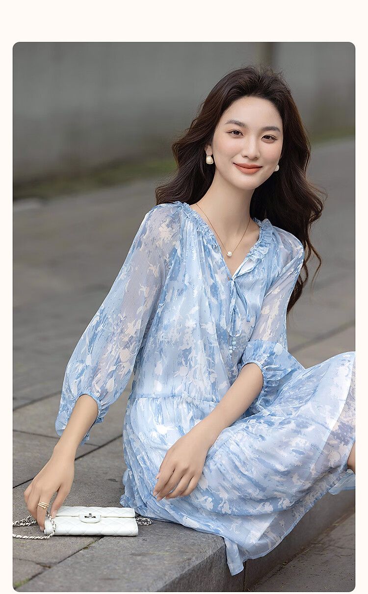 Demana Elegant Lightweight French Style Printed Tie-Waist Loose A-Line Petite Women's Summer Dress 1