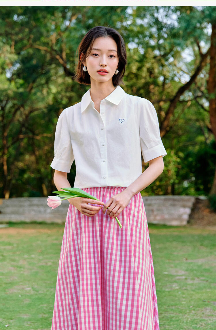 INMAN Commuter Pleated Puff Sleeve Pure Cotton Shirt, Summer Women's Clothing, Turn-Down Collar Embroidered Blouse Top, Light Pink, L 18