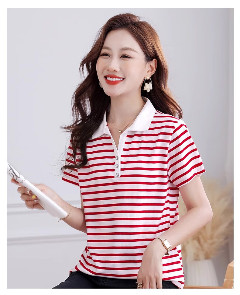 Woodpecker Pure Cotton Polo Collar Short Sleeve T-Shirt Women Summer Striped Polo Shirt Loose Plus Size Black White L 14