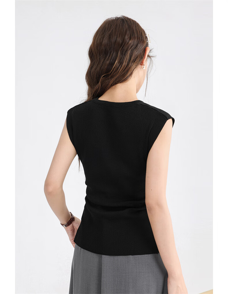 Jeanswest Women's Summer V-Neck Sleeveless Solid Color Pleated Waist-Slimming Split Top Black One Size 11