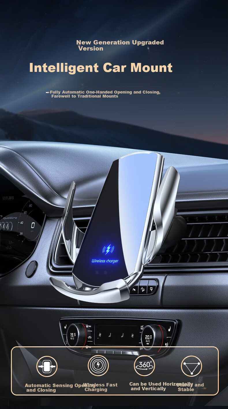 Huashi Car Phone Holder, Wireless Charging, Car Charger, Navigation Clip-On, Automatic Sensing Mount 1