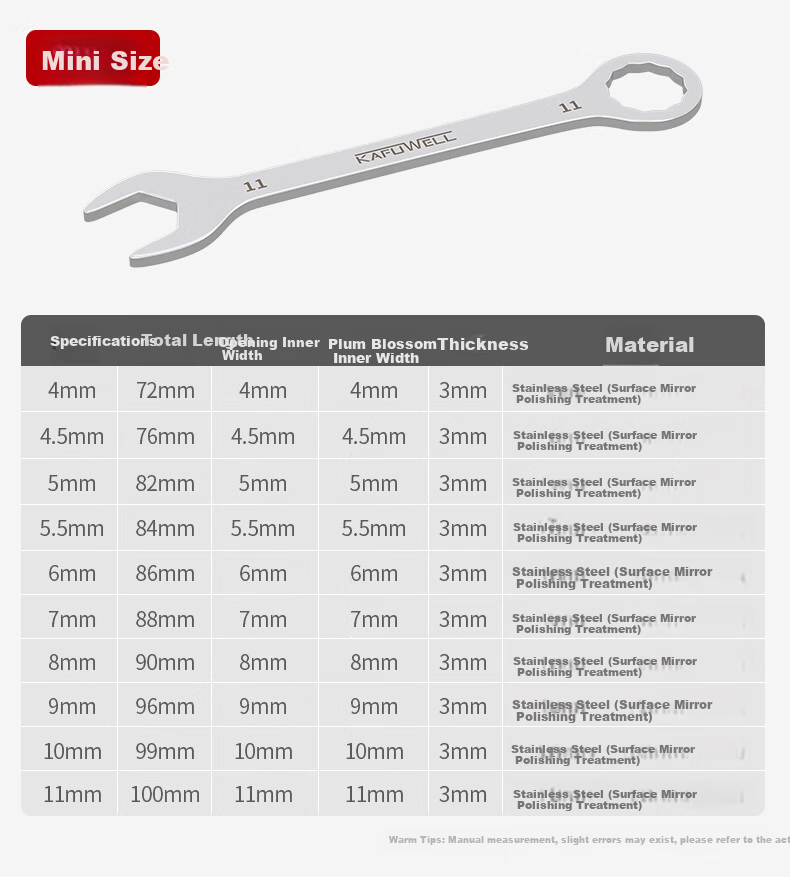Kafuweier Plum Blossom Open-End Wrench Set, 5-11mm, 8-Piece Set, Small Dual-Use Wrench, Stainless Steel Model WR5609 7