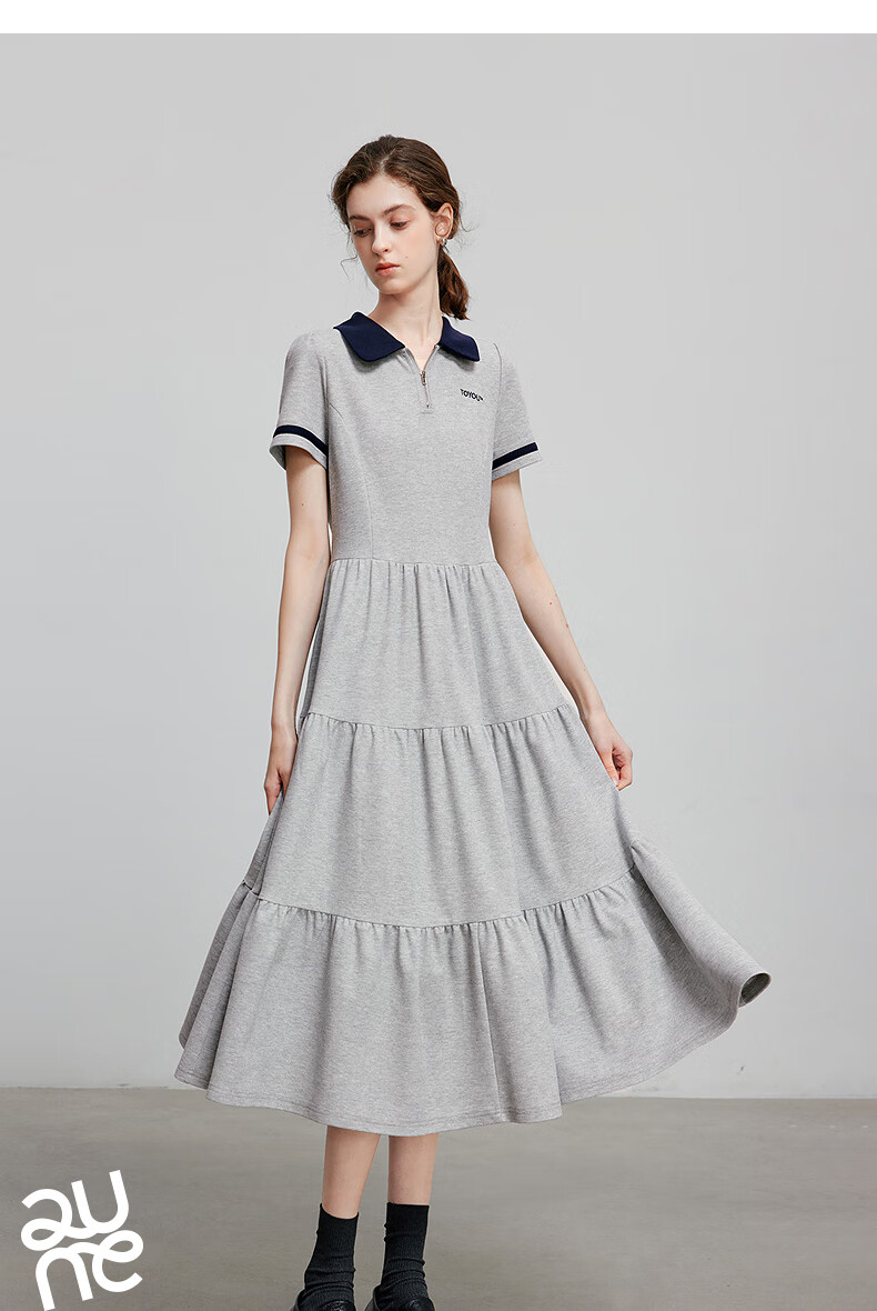 Chuyu Age-Reducing Retro 2025 Summer New Color-Block Polo Collar Dress for Women with Spliced T-Shirt Skirt, Floral Gray, S 11