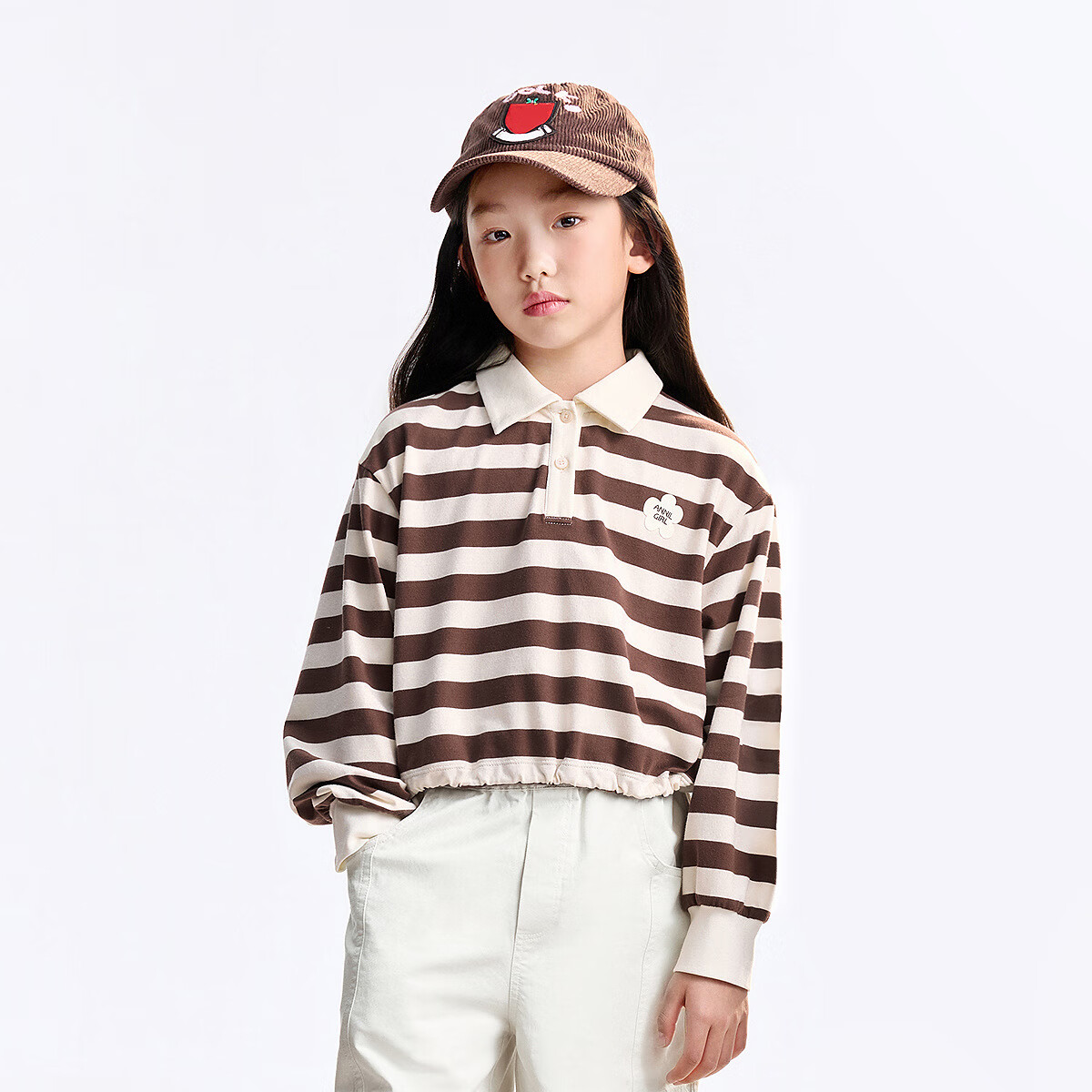 Annil Girls' Long-Sleeve Polo Shirt with Collar, Short Striped Sweet Trendy Fashion for Fall 2025, New Arrival