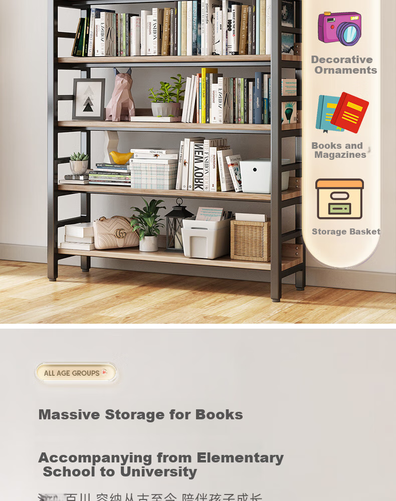 Milin Bookshelf Storage Rack, Floor-Standing Multi-Tier Organizer for Students And Home Use, Living Room Iron Art Bookcase Storage Shelf, Four-Tier White 80 2