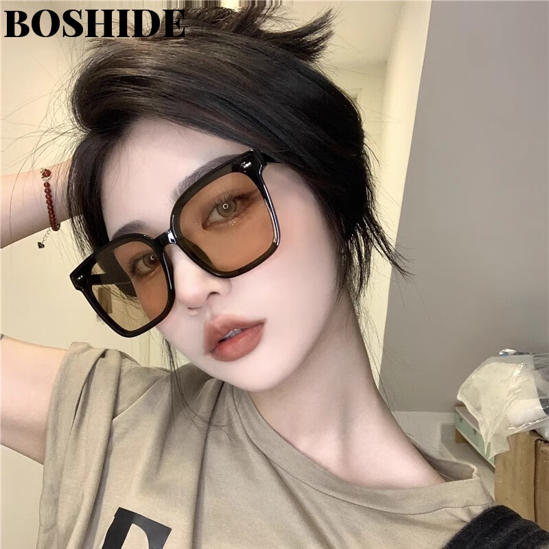 Boshide Sunglasses, Vintage Black Frame with Brown Square Lenses, Face-Slimming, High-End Ins Style, Black Frame with Brown Lenses