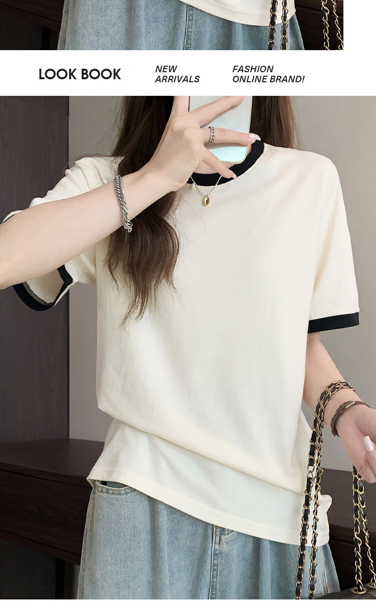 Yiershuang 100% Cotton Women's Short Sleeve T-Shirt Comfortable Skin-Friendly Color Block Basic Casual Top 16
