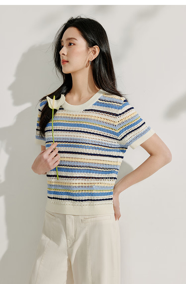 INMAN [Showroom Style] Suoluna Cool-Feeling Striped Short-Sleeve Women's Top, Summer 2026 Knitted Sweater, Yellow, Size L 23