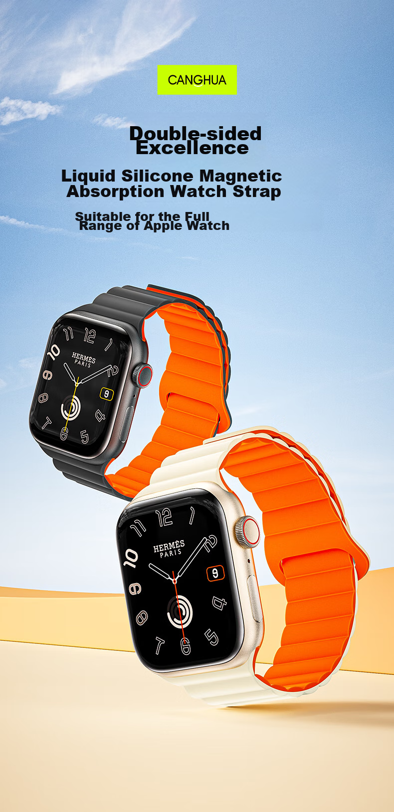 CangHua Compatible with Apple Watch S12 Band, Suitable for Apple Watch S11/S10 Silicone Magnetic Strap, IWatch S9/SE3/Ultra4/3 Loop Sports Band, Starlight with Orange 2