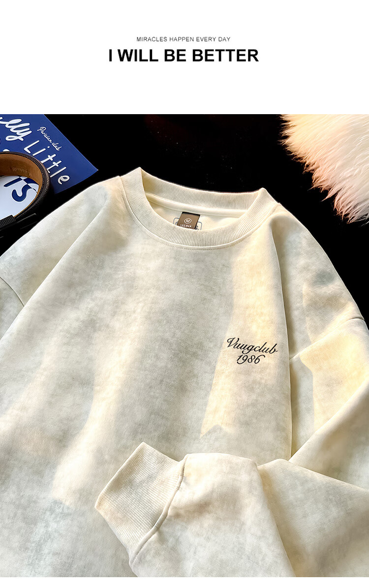VUUG Tie-Dye Distressed Hoodie Men Spring Autumn Loose Fit American Style Fleece Lined High Street Base Shirt 2XL White Fleece Lined 3