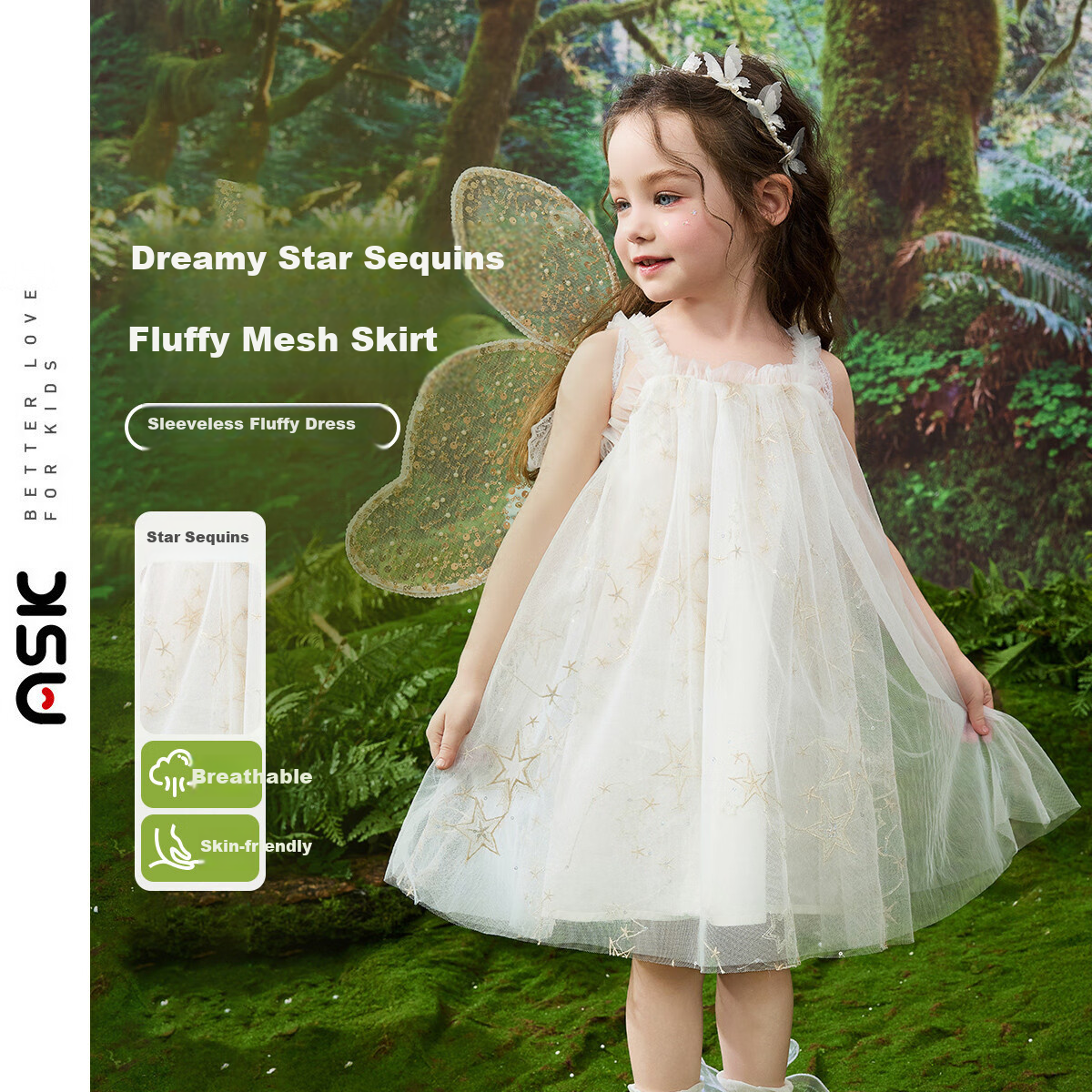 ASK JUNIOR Children's Dress, Summer New Style, Sleeveless Spaghetti Strap Dress for Little Girls, Tulle Princess Dress, Puffy Skirt 1