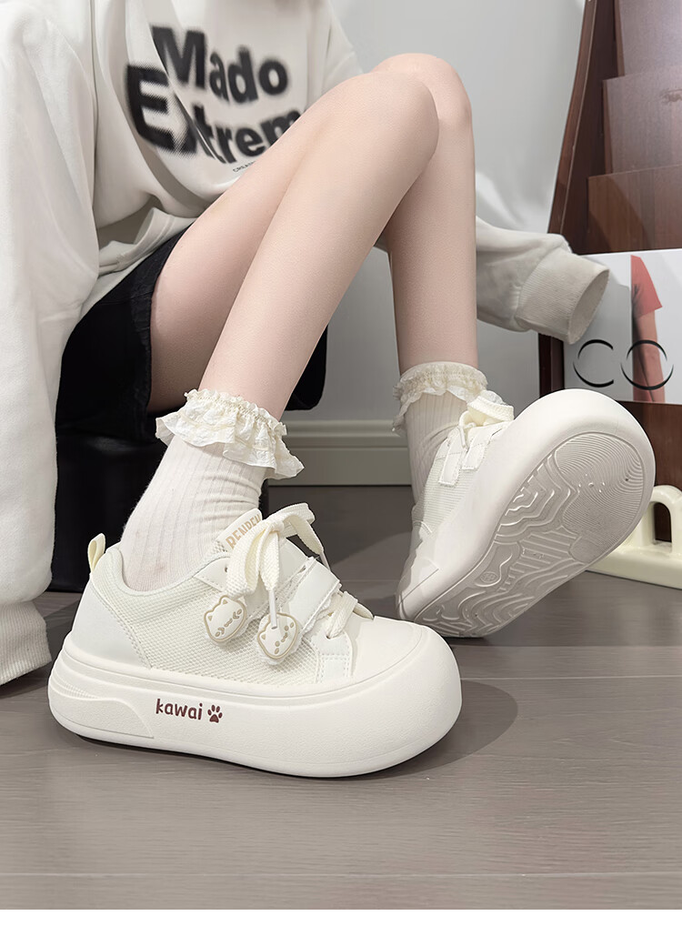 RENBEN Cute Velcro White Sneakers for Women, Popular Chunky Shoes, Versatile Canvas Shoes, White (Leather Surface), Size 40 9