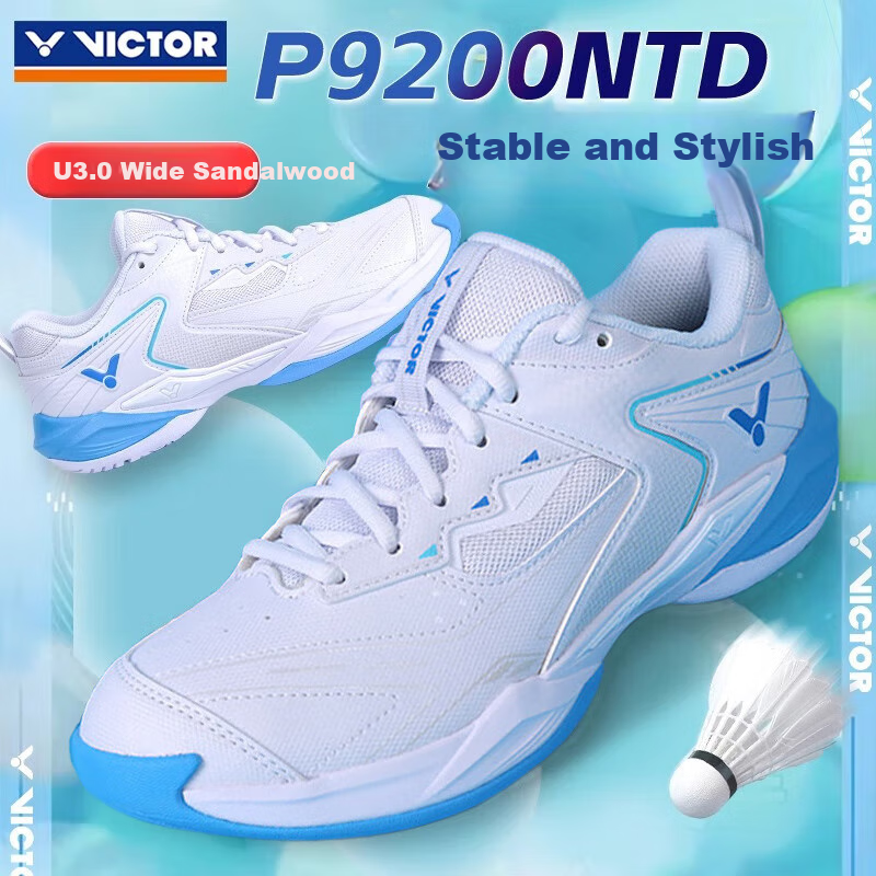 VICTOR Badminton Shoes for Competition And Training, Shock-Absorbing Breathable Sports Shoes P9200NTD White Blue Size 38