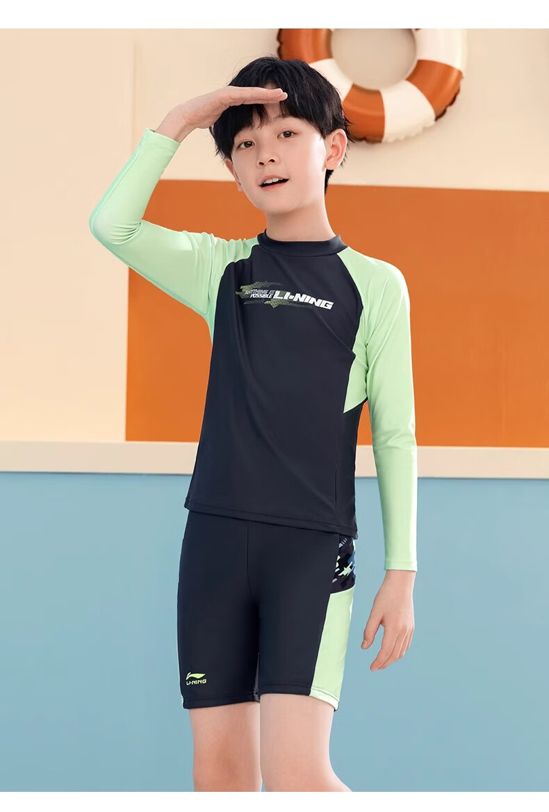 LI-NING Kids Boys Two-Piece Swimsuit Boys New Long Sleeve Swimwear for 6-12 Years Old Youth Hot Spring Bathing Suit 1